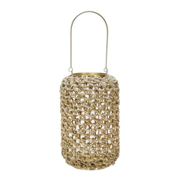Brown and Gold Large Cylindrical Rattan Lantern with Metal Frame and Handle