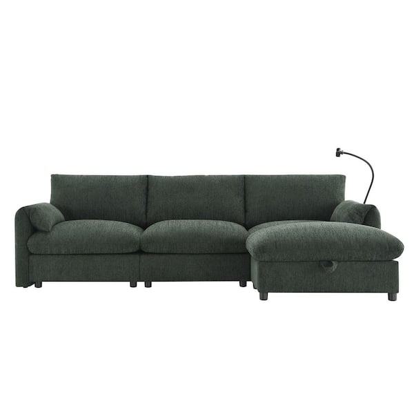 anpport Luxury 96.5 in. Pillow Top Arm 4-Piece L-Shaped Chenille Sectional Sofa in. Green with Phone Holder and Charging Station