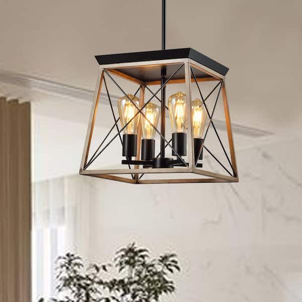 Springfield 60W 4-Light 13 In. Wood And Black Farmhouse Lantern Dimmable Pendant Light Dining Kitchen Lighting