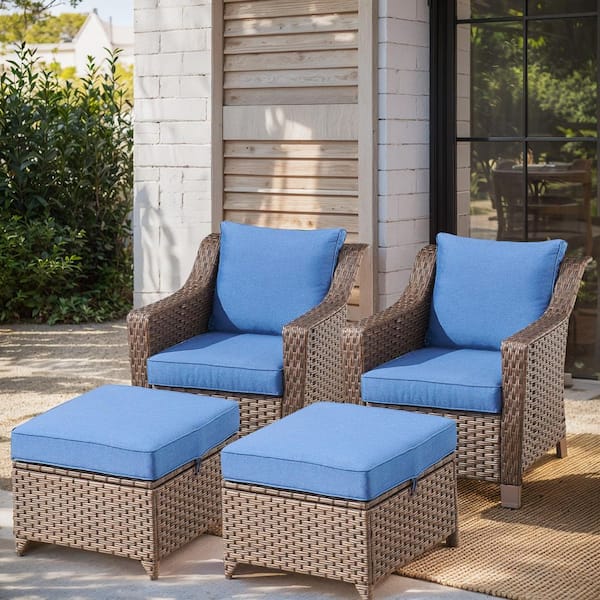 moosprr 4-Piece Brown Wicker Patio Conversation Set with Blue Olefin Cushions and 4 in. Wide Armrest/Lounge Chairs