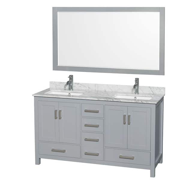 Wyndham Collection Sheffield 60 in. W x 22 in. D x 35 in. H Double Bath Vanity in Gray with White Carrara Marble Top and 58" Mirror