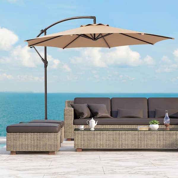 Bayshore Outdoor 10 ft. Hanging Offset Cantilever Patio Umbrella with Easy Crank Lift and Cross Base in Beige
