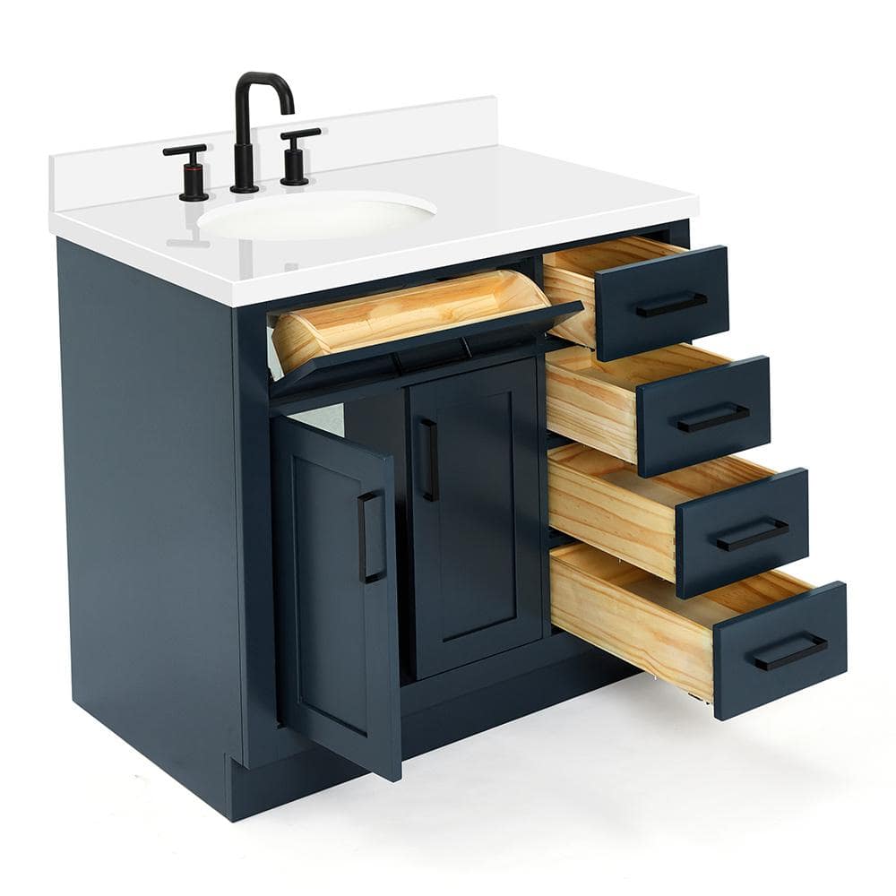 Midnight Blue Hardwood Single Basin Vanity with Quartz Top