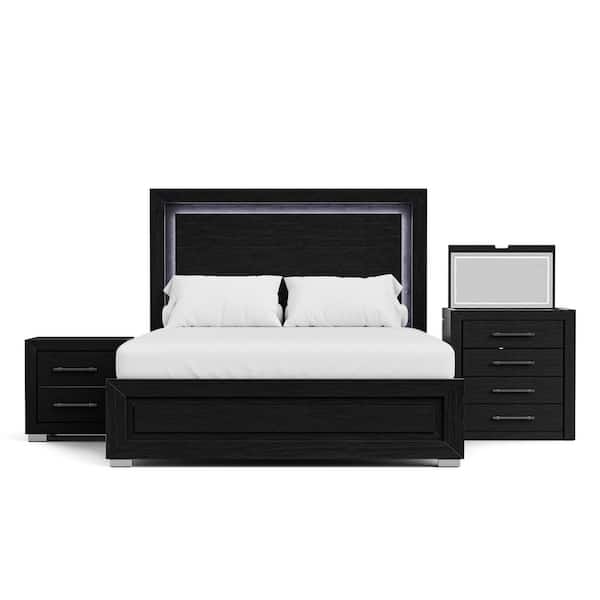 Fairhart 3-Piece Black Wood King Panel Bedroom Set with Nightstand and Convertible Vanity Set