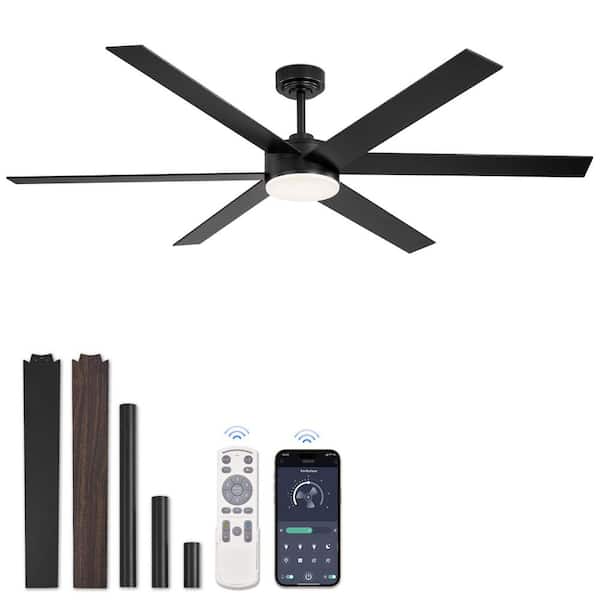 66 in. Black Standard Dimmable Outdoor/Indoor Ceiling Fans with Lights & Remote/APP Control, Downrod/Angled Mount,