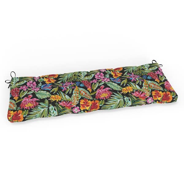 Pillow Perfect Tropic Floral 60 in W x 5 in H Rectangular Outdoor Tufted Blown Bench Cushion w/ Ties 1-Count in Island Black