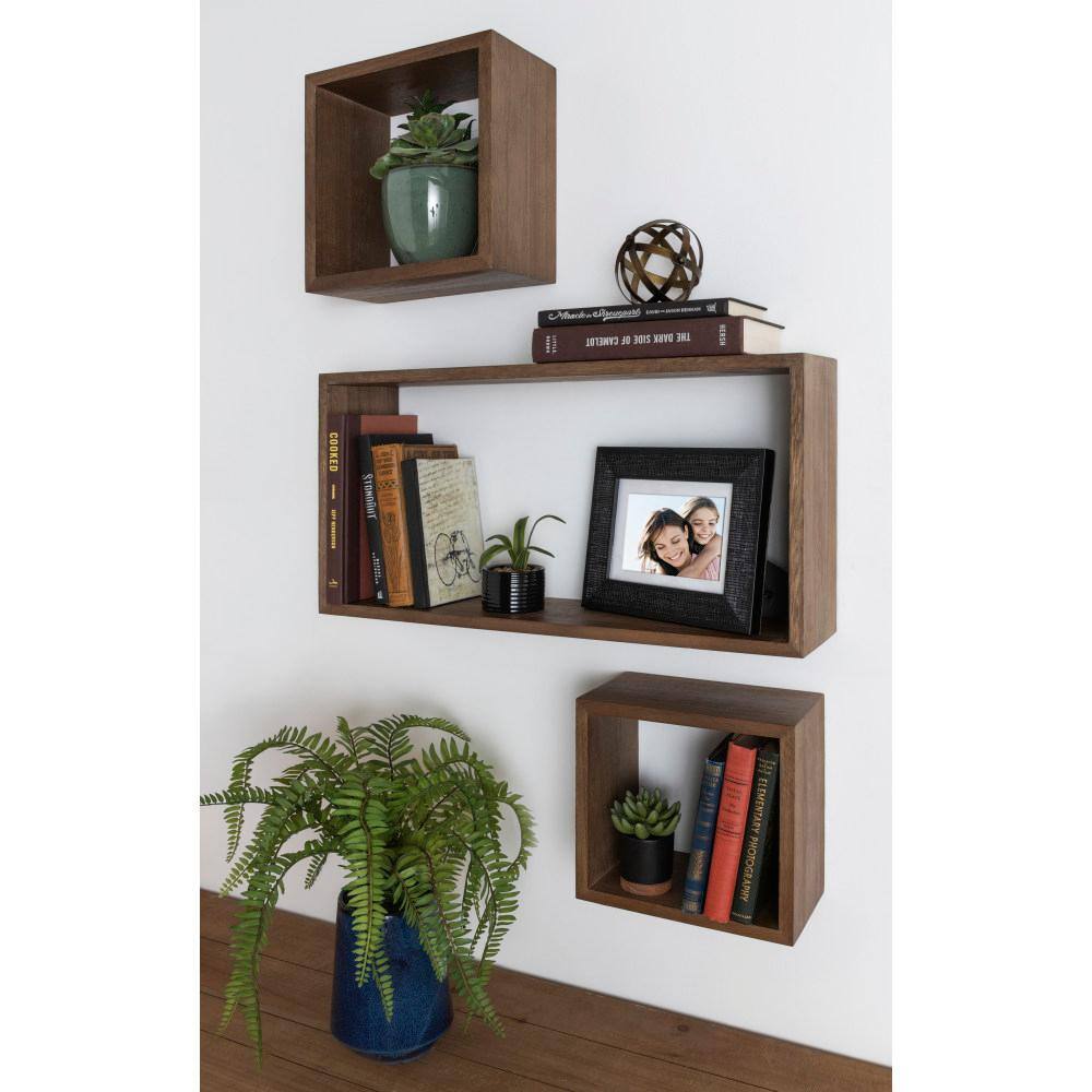 Rustic Brown Wood Floating Wall Shelf Set, 3 Piece