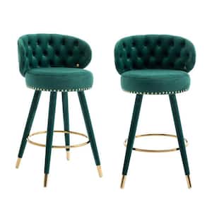 24.21. Modern Emerald Velvet Wood Frame Swivel Counter Height Bar Stools with Tufted Backrest and Copper Nails Set of 2