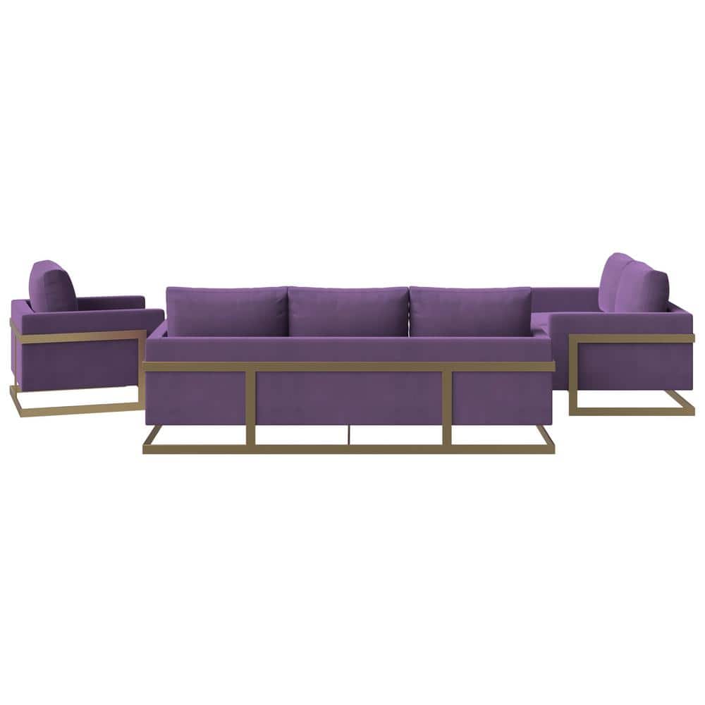Purple Velvet 3-Piece Sofa Set with Gold Stainless Steel Base