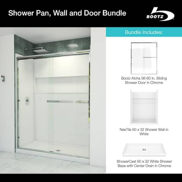Aloha ShowerCast 60 in. x 30 in. Center Shower Pan, NexTile 60 in. x 30 in. Shower Wall and Chrome Shower Door Kit