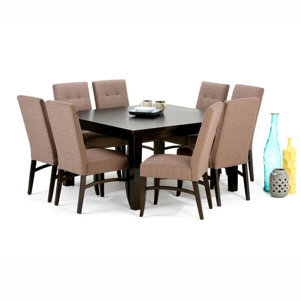 Simpli Home Ezra 9-Piece Dining Set with 8 Upholstered Dining Chairs in Fawn Brown Linen Look Fabric and 54 in. Wide Table