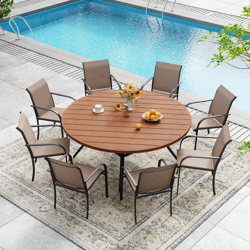 9-Piece Patio Dining Set with 56.3 in. Walnut Round Plastic Table 8-Brown Stackable Dining Chairs for Backyard Garden price history on PriceWatchPro