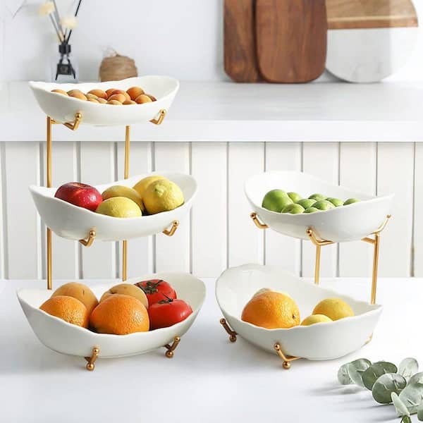 2-Piece Space Saving 2 Tier Ceramic Fruit Bowl Modern Multi Layer Display Stand for Kitchen Counter Set