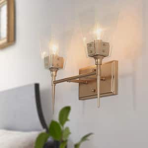 Modern 2-Light Bell Gold Vanity Light Bathroom Wall Light Fixture with Seeded Glass Shades