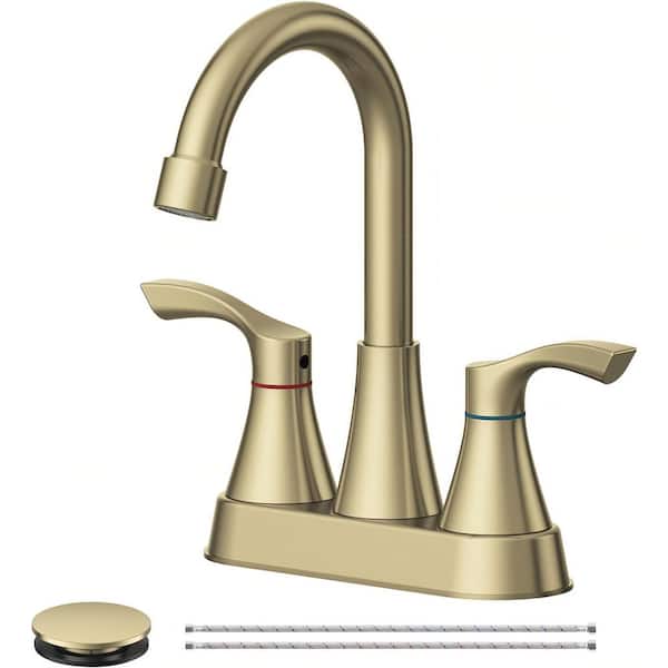 Easy Install 4 in. Centerset Double Handle High Arc Bathroom Faucet with Drain Kit in Brushed Gold