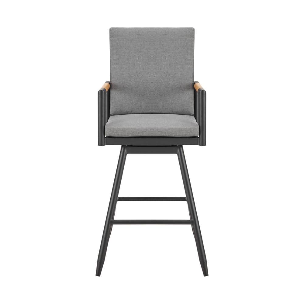 Crown Bar Height Swivel Teak Outdoor Bar Stool with Dark Gray Cushion