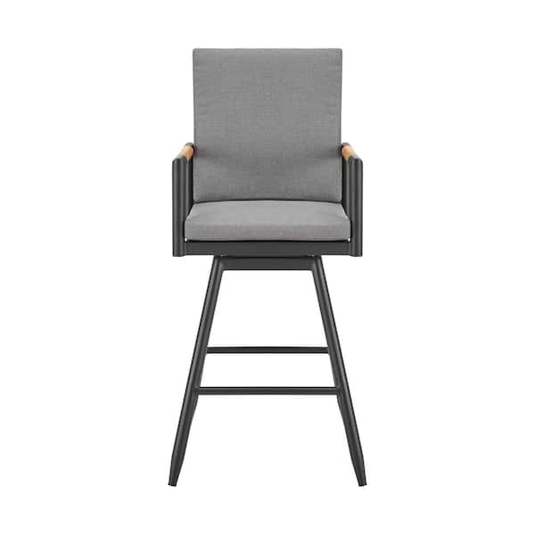 Armen Living Crown Bar Height Swivel Teak Outdoor Bar Stool with Dark Gray Cushion