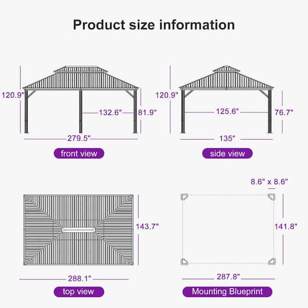 GAhouses119冊 PURPLE LEAF 12 ft.x 24 ft.Light Gray Patio Outdoor Gazebo