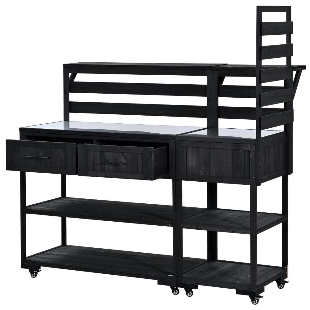 62.3 in. W x 65 in. H Black Outdoor Potting Bench Table with Stainless Table Top, Raised Shelf and Drawers price history on PriceWatchPro