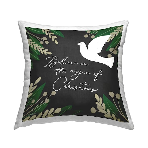 Magic of Christmas White Dove Holiday Botanicals Black Floral Polyester 18in. X 18in. Throw Pillow