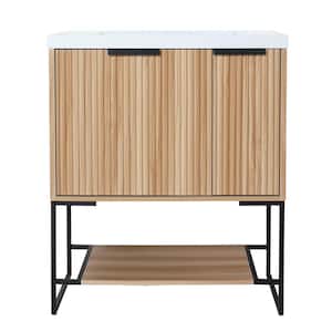 29.5 in. W x 18.1 in. D x 35 in. H Freestanding Bath Vanity in Brown with White Resin Top & Shelf & Door and Drawer
