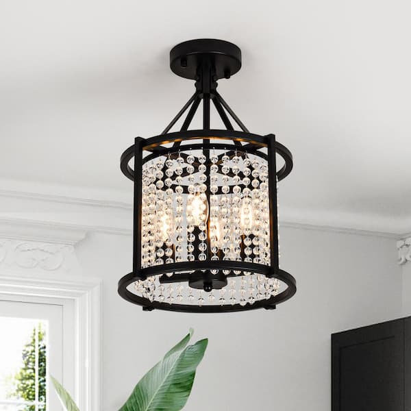 11.8 in. 4-Light Modern Black Lantern Semi-Flush Mount with Crystal Teardrop Pendant Shade