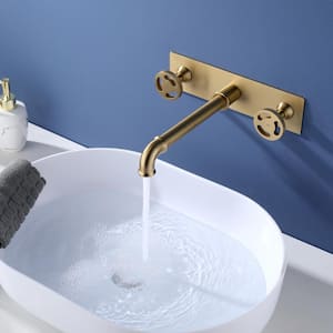 Industrial Double-Handle Wall Mounted Bathroom Faucet in Brushed Gold