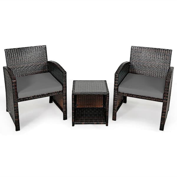 Gtnali 3-Pieces PE Rattan Wicker Outdoor Patio Conversation Set With Coffee Table And Gray Cushions