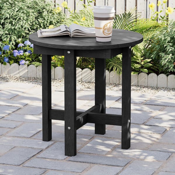 Round Weather Resistant HDPE Outdoor Side Table in Black, Heavy Duty 220 lbs. Capacity