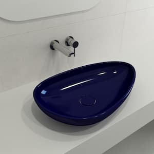Etna 23.25 in. Sapphire Blue Fireclay Oval Vessel Sink with Matching Drain Cover