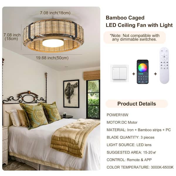 20 In. Indoor Bamboo Farmhouse Caged Reversible Dimmable RGB Flush Mount Ceiling Fan with Integrated LED and Rmote