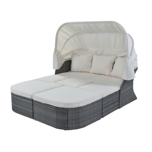 6-Piece PE Wicker Rattan Gray Outdoor Day Bed Conversation Set Separable Design with Retractable Canopy, Beige Cushions