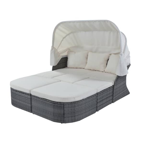 ITOPFOX 6-Piece PE Wicker Rattan Gray Outdoor Day Bed Conversation Set Separable Design with Retractable Canopy, Beige Cushions