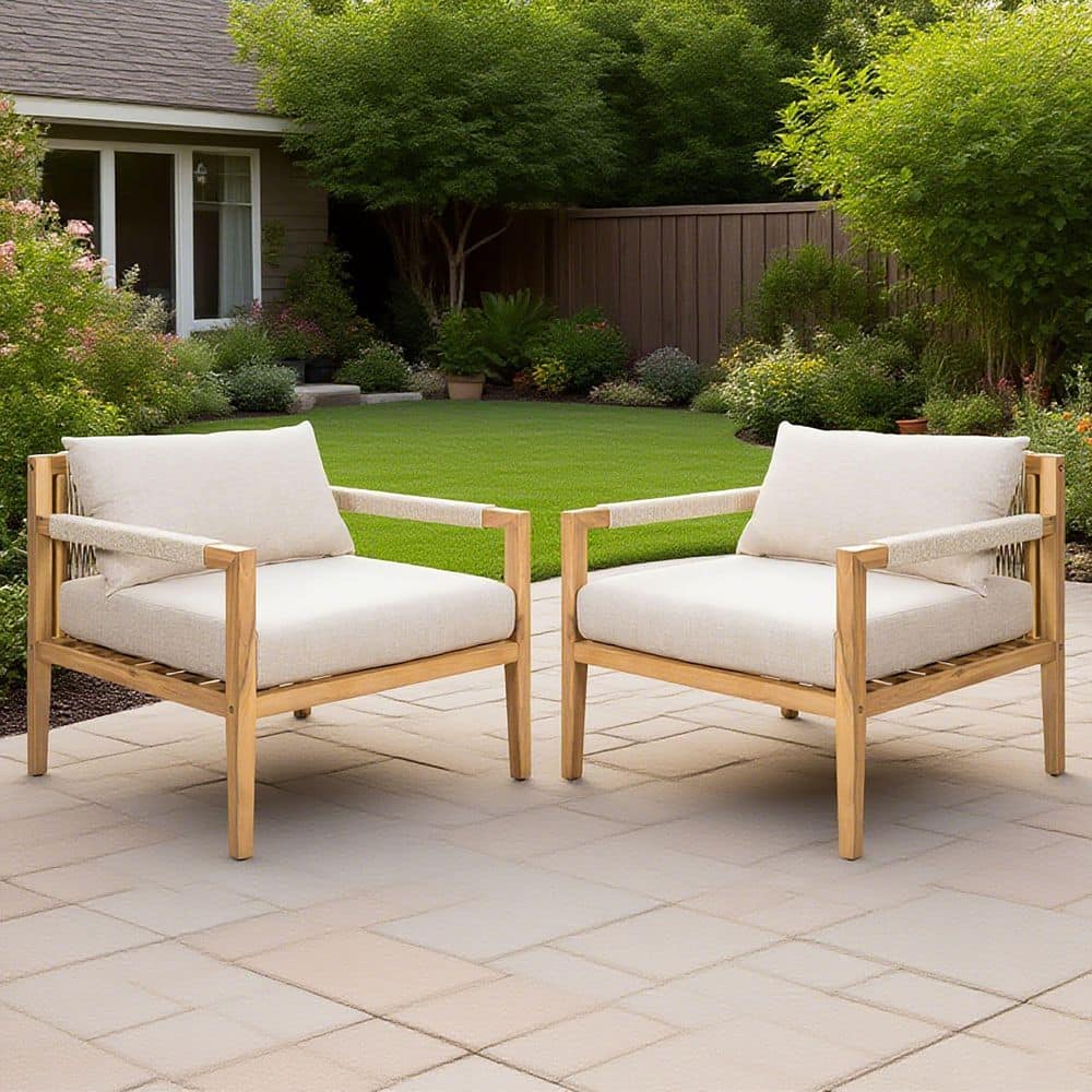 Cedarview Patio Teak Finish Solid Wood Outdoor Lounge Chair with Beige Cushions, Beige Rope Woven Back and Arm, Set of 2