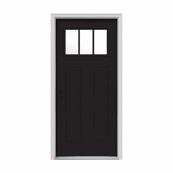 JELD-WEN 34 in. x 80 in. 3 Lite Craftsman Black w/ White Interior Steel Prehung Right-Hand Inswing Front Door w/Brickmould
