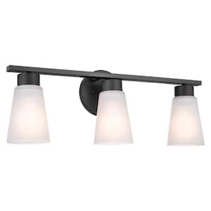 Stamos 22 in. 3-Light Black Modern Bathroom Vanity Light with Satin Etched Glass Shades
