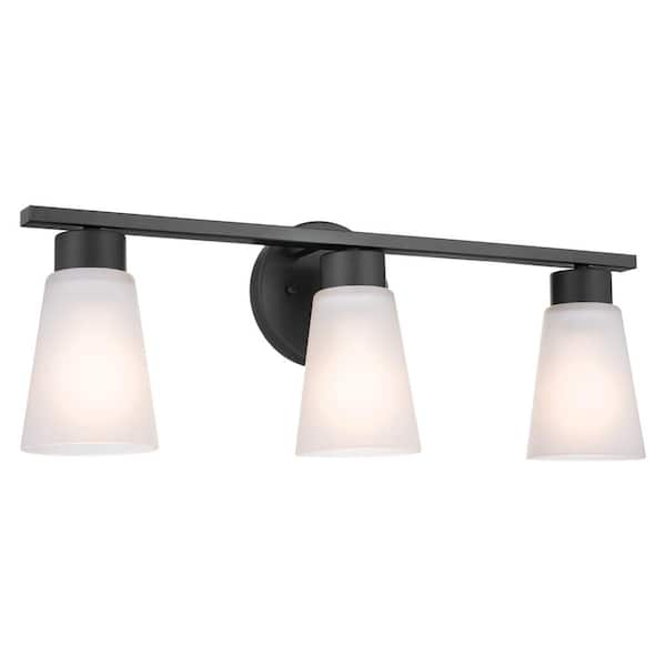KICHLER Stamos 22 in. 3-Light Black Modern Bathroom Vanity Light with Satin Etched Glass Shades