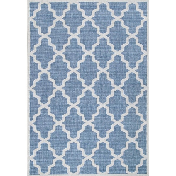 Gina Moroccan Trellis Blue 5 ft. x 8 ft. Indoor/Outdoor Oval Patio Rug