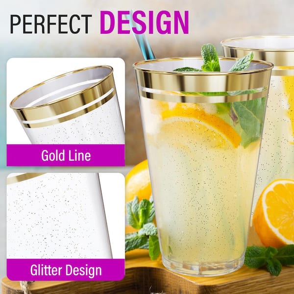 Perfect Settings 100 Premium Gold Plastic Cups Clear Plastic Double Gold Rimmed Cups Fancy Disposable Wedding Cups Elegant Party Cups with Twin Gold