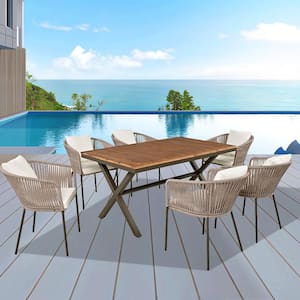 7-Piece Wood Outdoor Dining Set with Beige Cushion Dining Table and Chairs, Acacia Wood Tabletop, Metal Frame in Beige