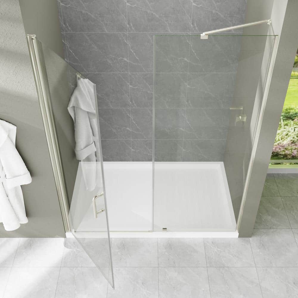 60" Brushed Nickel Semi-Frameless Pivot Shower Door with Clear Glass