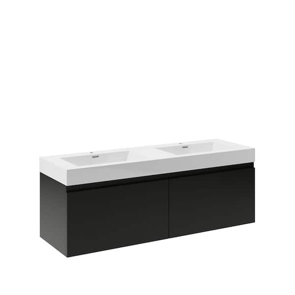 Fresca Mezzo 60 in. Modern Wall Hung Bath Vanity in Black with Double Vanity Top in White with White Basins