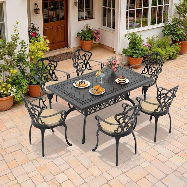 Black 7-Piece Rust-Free Cast Aluminum Outdoor Dining Set with Rectangular Table, 6 Dining Chairs and Off-White Cushions