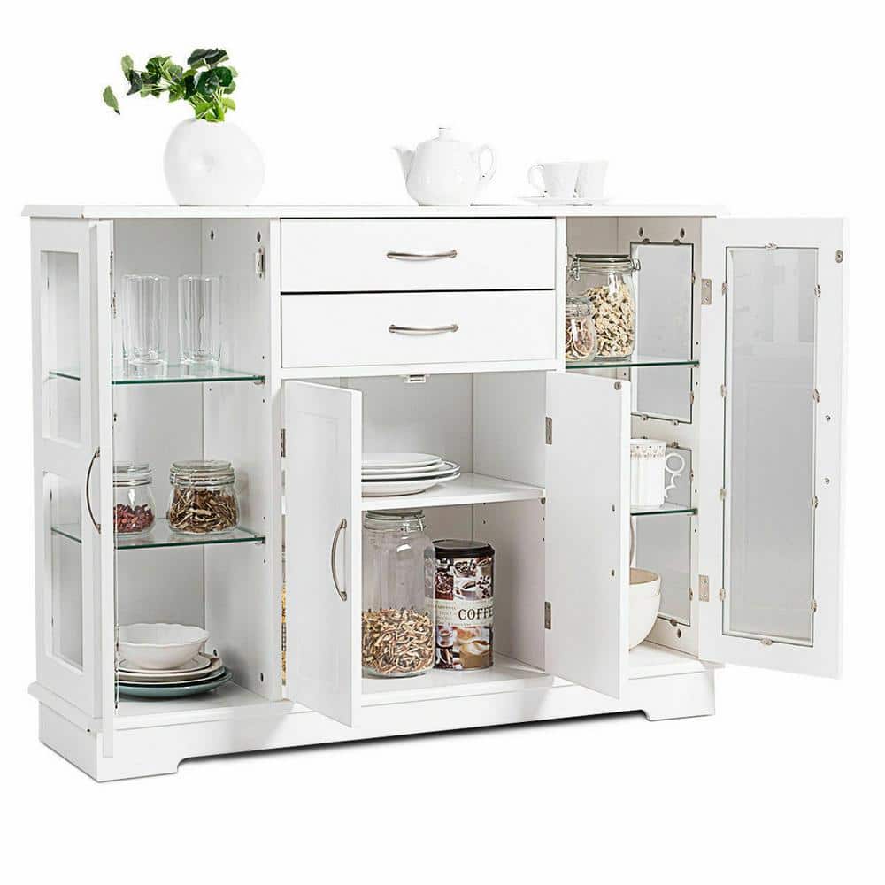 White Buffet Storage Cabinet with Glass Doors and Drawers