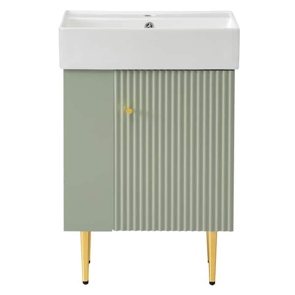 Lycvki 21.6 in. Bath Vanity Cabinet in Green with White Ceramic Basin Top, Left Side Storage