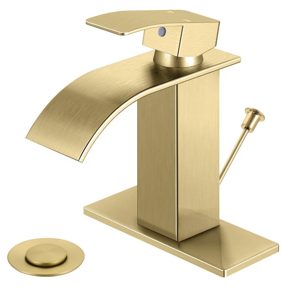 Single Handle Waterfll Spout Single Hole Bathroom Sink Faucet with Lift Rod Drain in Brushed Gold price history on PriceWatchPro