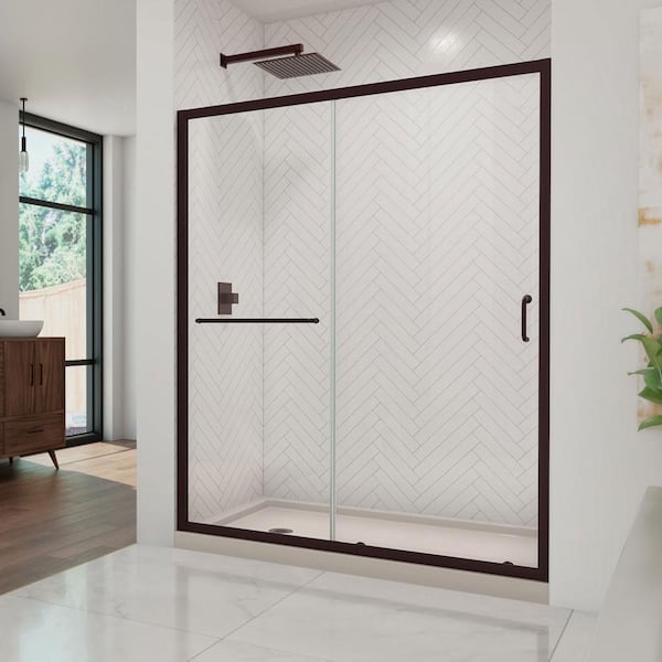 DreamLine Infinity-Z 36 in. x 60 in. Semi-Frameless Sliding Shower Door in Oil Rubbed Bronze with Left Drain Base in Biscuit