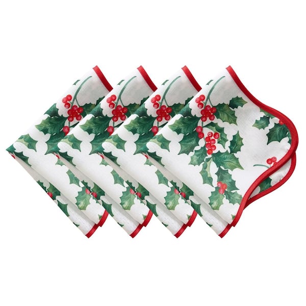 Threadmade Home Vintage Holly Scallop Border Napkins, Set of 4, Multicolor - 17"W x 17"L