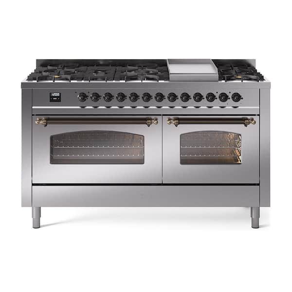 ILVE Nostalgie II 60 in. 9 Burner+Griddle Freestanding Double Oven Dual Fuel Range in Stainless Steel with Bronze
