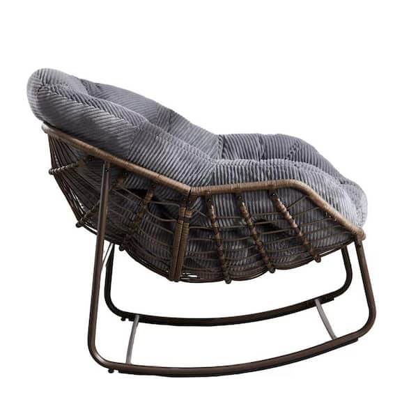 Outdoor Rattan Rocking Chair with Gray Cushions